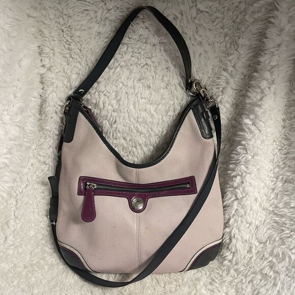 Coach Pebbled Leather Beige shoulder/Hobo Bag navy blue & burgundy straps & trim - Picture 3 of 15